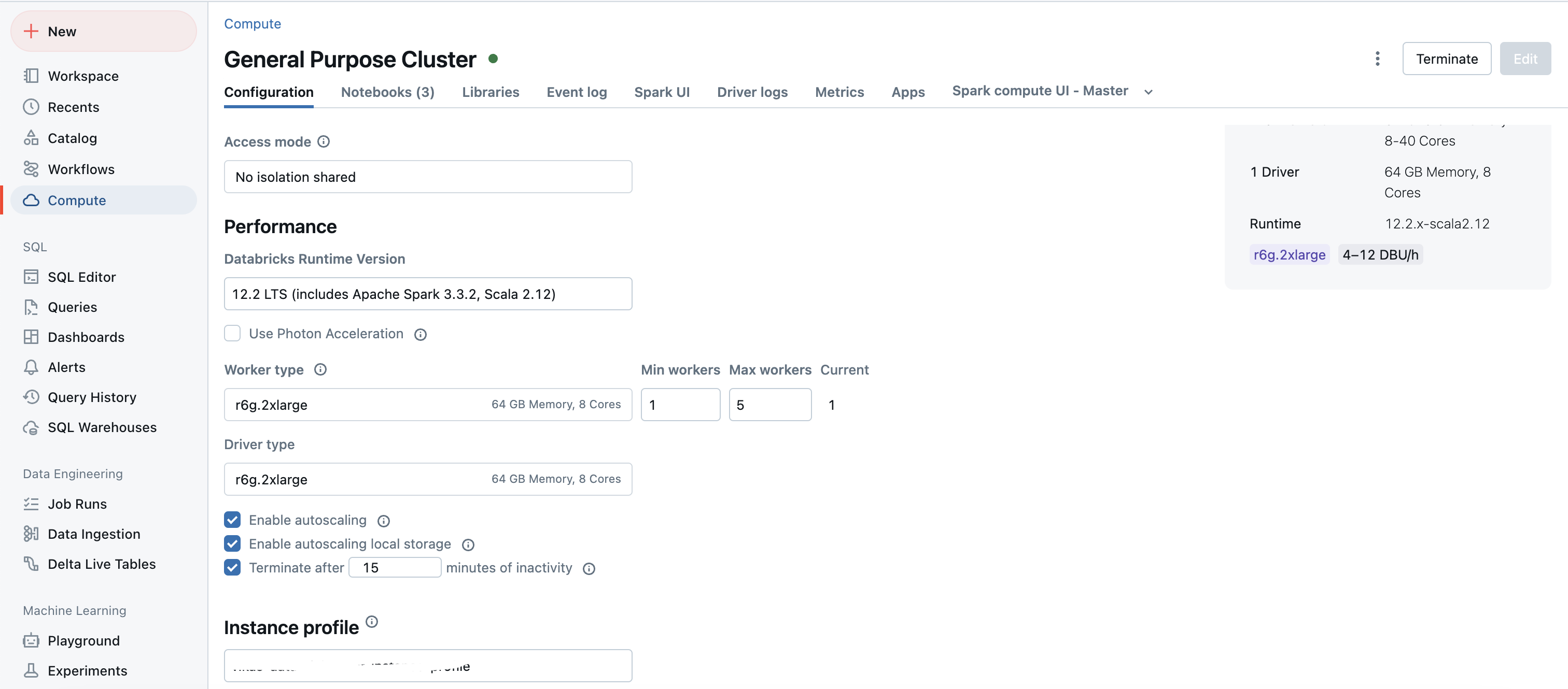 Databricks Spark cluster configs